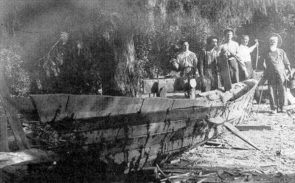 Replica of Tongva sewn-plank canoe, 1912, Bowers Museum.  Source:  tongvapeople.com