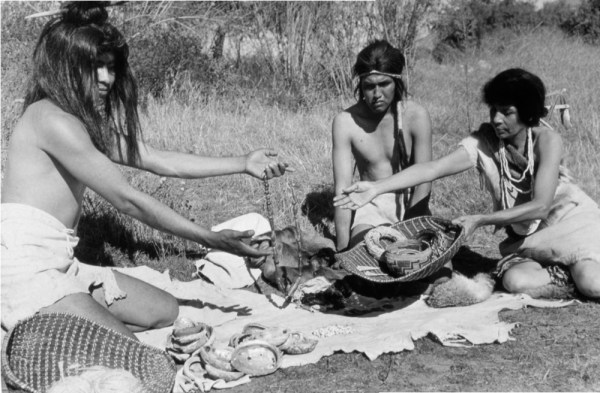 Hair and clothing shown in photo of trading display.  Photo"  Bowers Museum Collection.  Source:  tongvapeople.com
