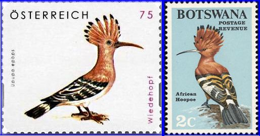Hoopoe stamps (Austria and Botswana)